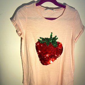 H&M Girls Pink Flippy Strawberry Tee - Size 8/10
